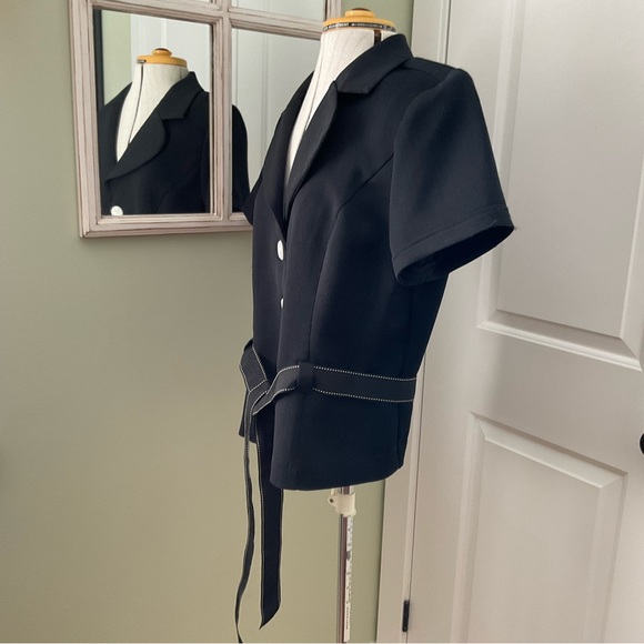 STUDIO ONE,  BLACK BLOUSE WITH WAIST BELT, SIZE: 16 - Picture 2 of 10